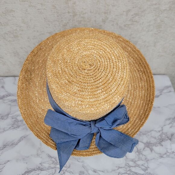 Vintage Straw Sun Hat with Blue Ribbon Bow Embroidered Flowers Cottagecore - Picture 3 of 8